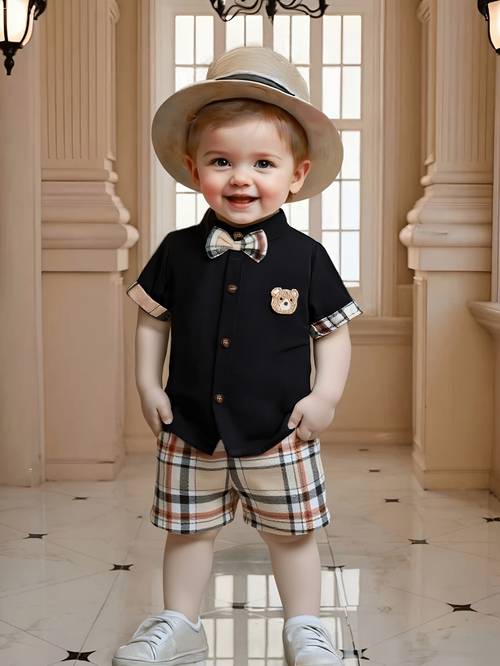 boys spring summer two piece set grid pattern british style short sleeve shorts