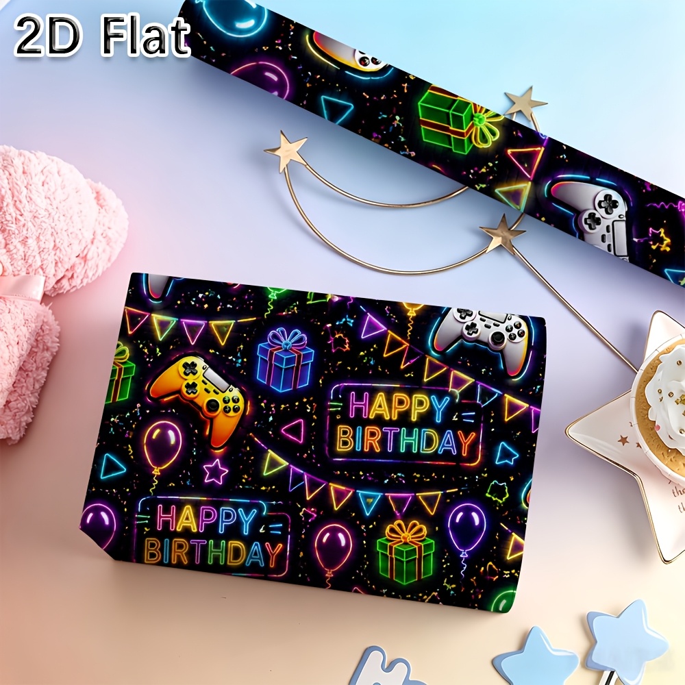 TEMU 1 stuks 2D Platte Print Neon Game Thema Happy Birthday Bedrukt Cadeaupapier Ideaal voor Verjaardagsfeest Decoratie En Cadeau