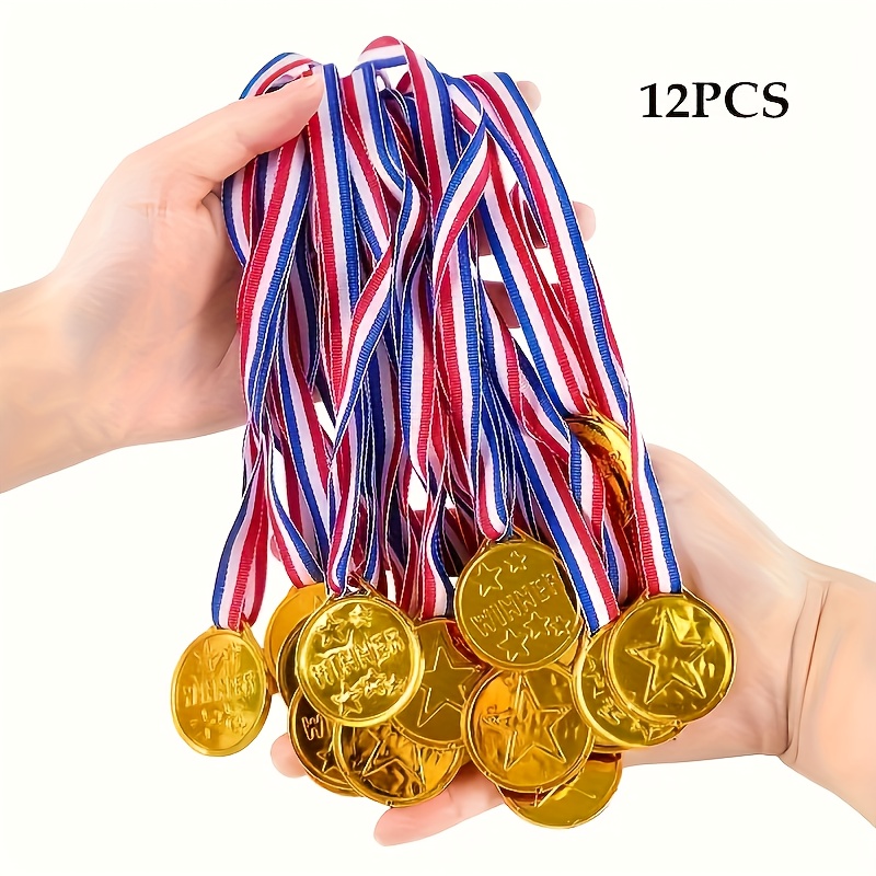 Image of 12pcs Party Supplies Set, Sports Award Medals For Events, Plastic Trophies With Ribbon, Suitable For Sports, Games, Birthday, Graduation, Theme Party Small Gifts