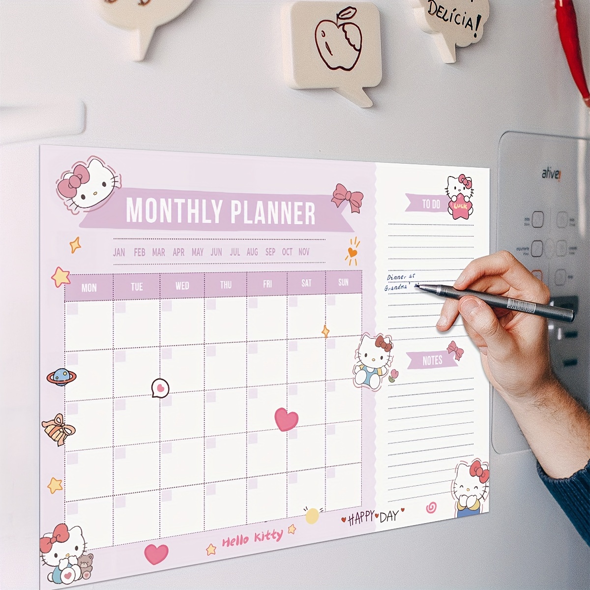 [Hello Kitty Monthly Calendar] Sanrio Authorized 1pc Pink Hello Kitty Mouthly Planer - Magnetic Dry Erase Monthly Calendar Whiteboard for Easy Fridge Organization, 11.81X15.75" Erasable and Reusable - Perfect for Meal Planning and Note-Taking