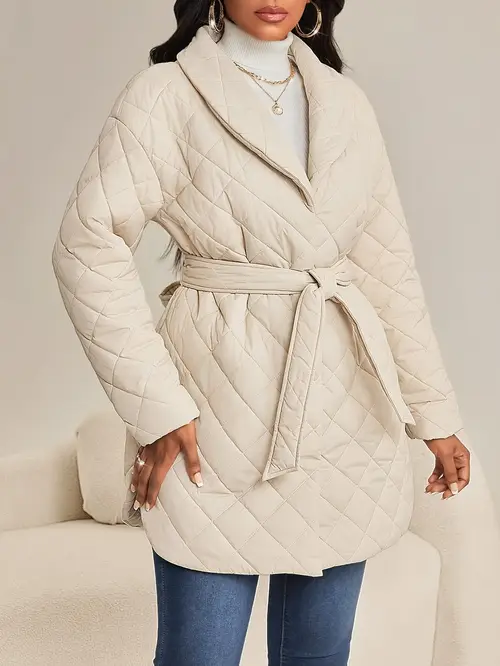 우아한 미디 퀼팅 코트 - 여성용, 일반 긴팔, 단색, 레이스업 디테일, 폴리에스테르 원단, 벨트 허리 - 아늑한 아우터웨어