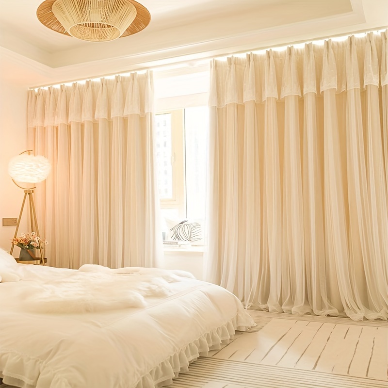 2024 New Easy Light Luxury French Cream Bedroom Room Ins Wind French Window Window Shade Decorative Yarn Curtain Fabric Double Finished Curtains 2pcs