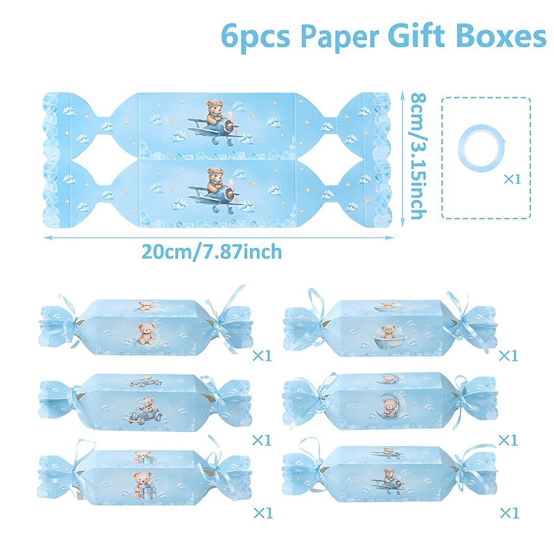 E-shop 6 Stück, Blaue Bären-Papiergeschenkboxen mit Schleife, Bären-Thema Geschenkverpackungsboxen, Happy Birthday Party-Dekoration, Baby Shower
