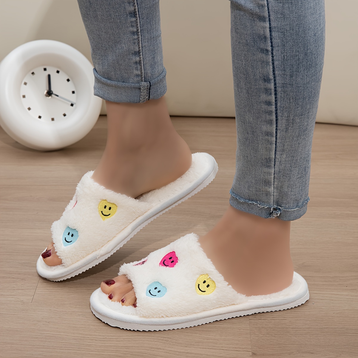 

Heart Smile Face Pattern Slippers, Casual Open Toe Plush Shoes, Comfortable Indoor Home Slippers