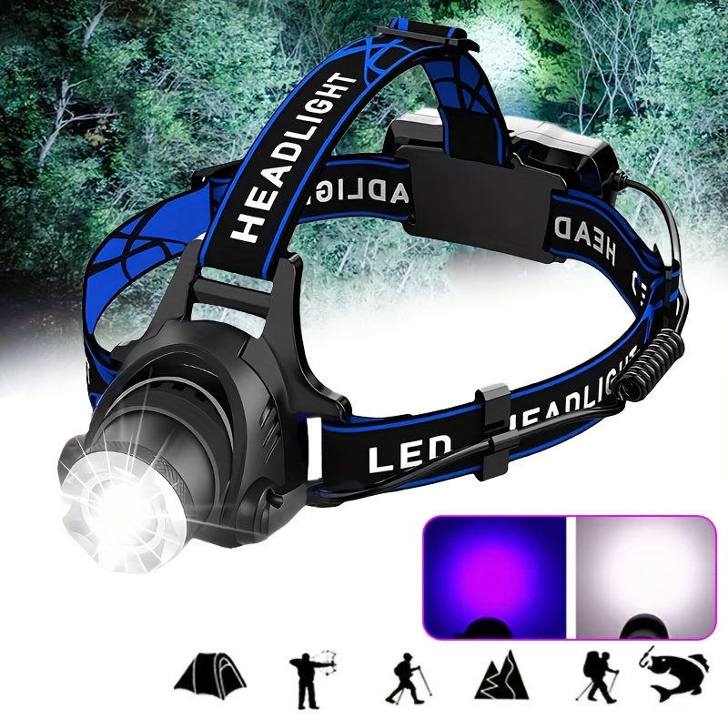 1pc led   outdoor headlamp with purple light multifunctional head torch portable by 2 18650 battery fishing work light for running emergency holiday gifts pet stain detection black light lamp