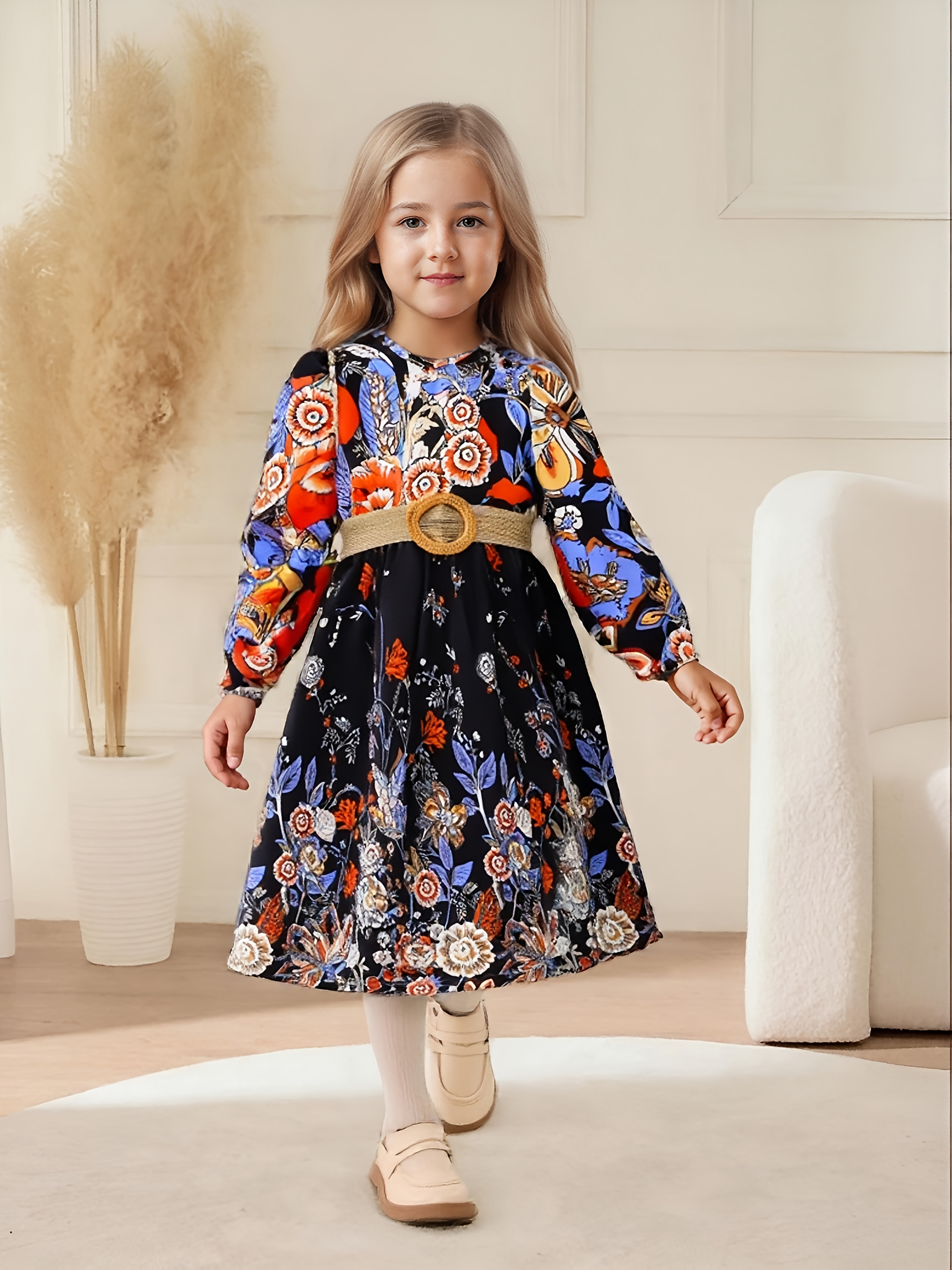 vintage floral belted long sleeve dress girls - Temu Saudi Arabia