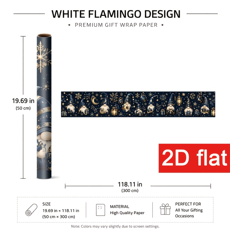 TEMU Noël Élégant 2D Plat 1 Rouleau 50X300Cm (19.7X118.1In) pour Fête de Noël, Papier d'Emballage Cadeau d'Hiver avec Gnomes Fantaisistes, Étoiles et