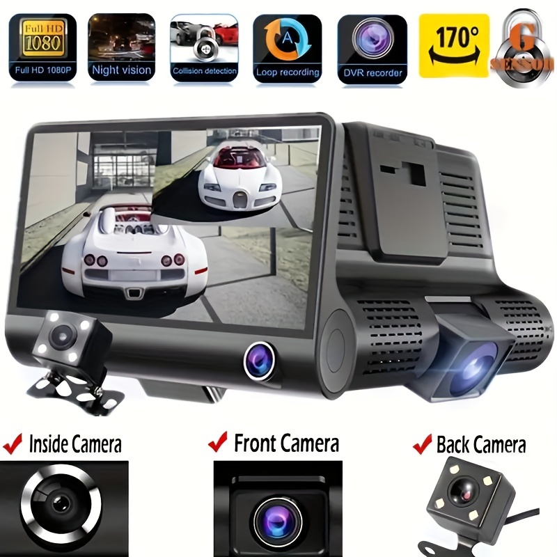 

1080p Triple-lens Car Dvr Camera Recorder - Night Vision, G-sensor, Wide Angle, Loop Recording, Motion Detection - High Definition Dashcam For Safe Driving