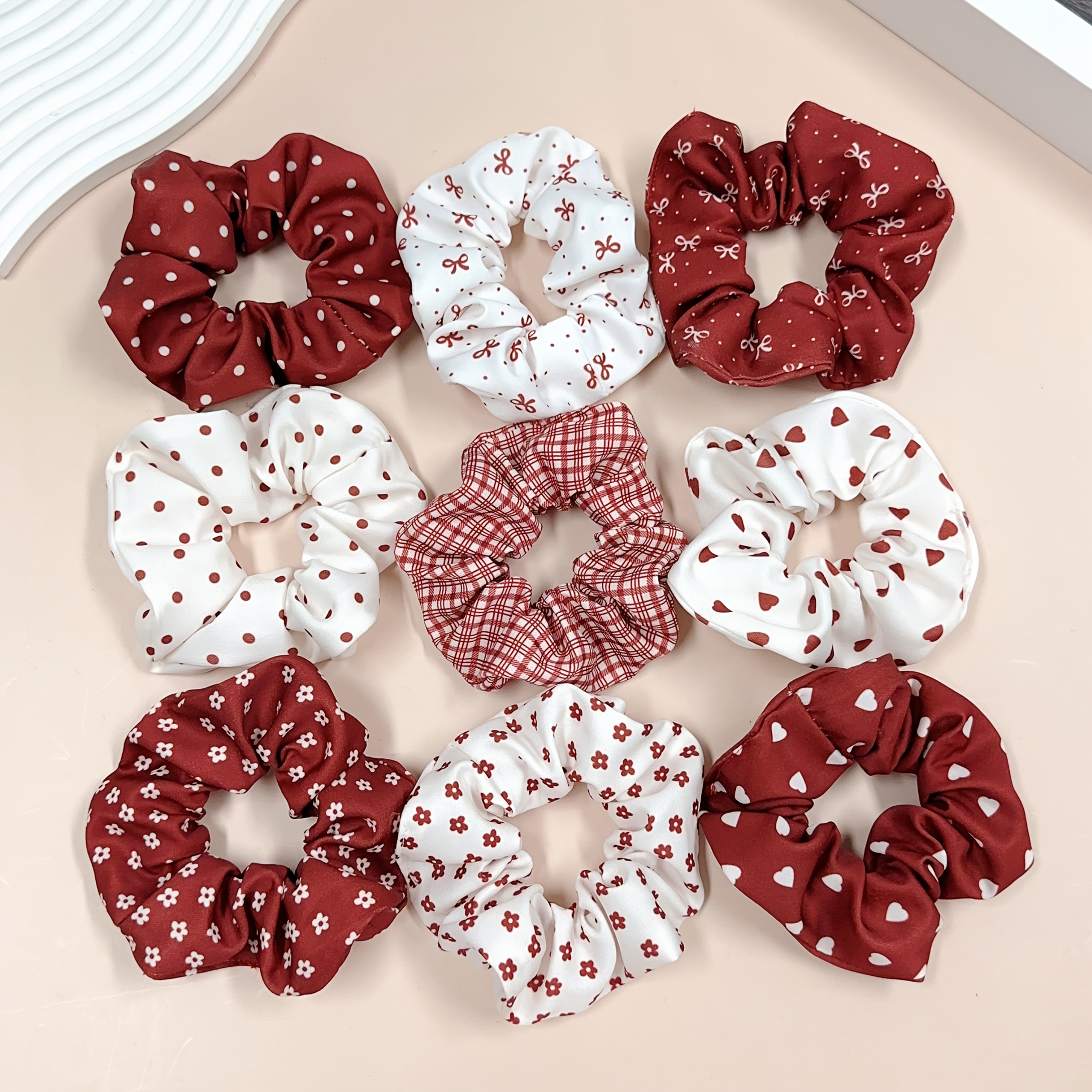TEMU A Set Of 9pcs Of Sweet And Elegant Hair Ties In Wine Red And White Plaid, Featuring Heart, Floral, And Bow Prints, Perfect For Stylish Updos And