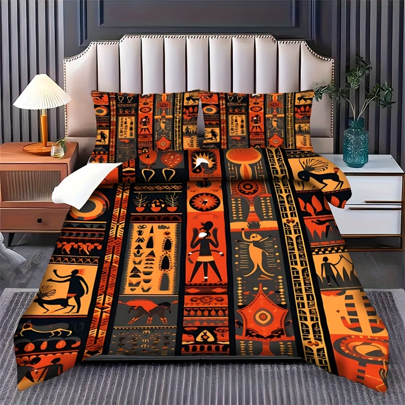 TEMU 2/3pcs Comfortable Tribal Style Vintage Set, Mysterious Primitive , Vibrant With Geometric & Elements, Unique Tribal Theme Charm, Duvet Cover