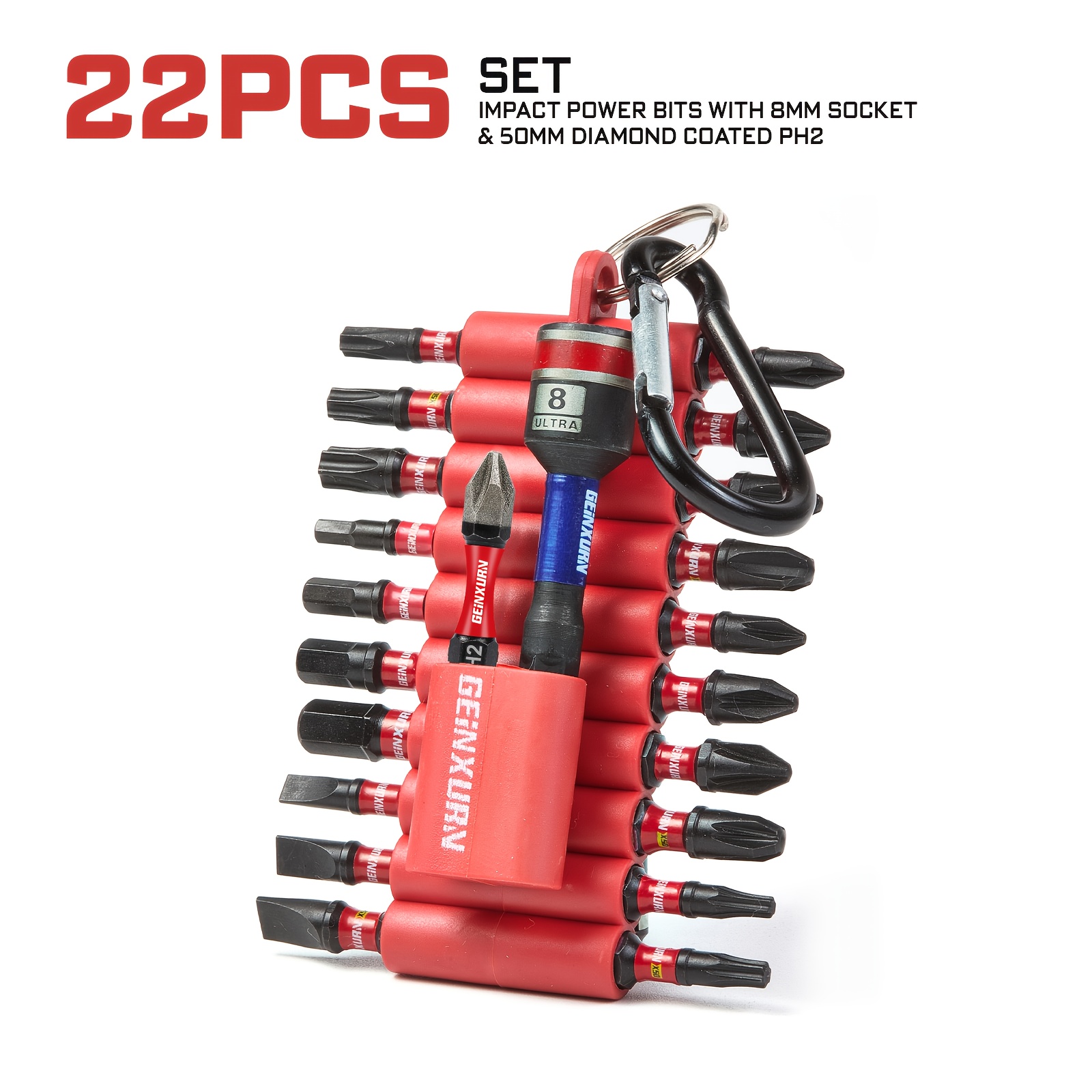 8mm Socket With Diamond Coating Ph2 Bit Set, Includes Used Phillips, Flathead, Hex, And Bits, S2 Tool Steel, Impact Rated