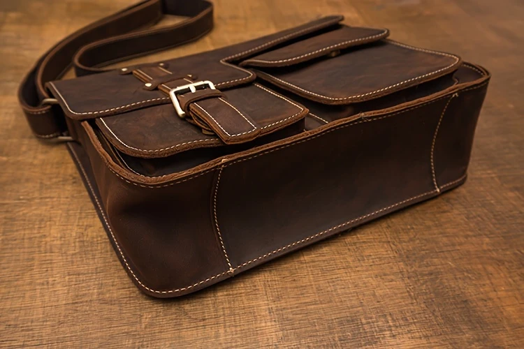mens vintage style genuine leather messenger bag with adjustable strap casual handcrafted crossbody satchel with multiple pockets scratch repairable daily accessory details 13