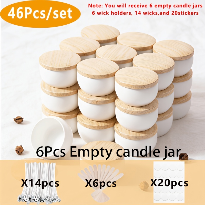 TEMU 46-delige Kaarsen Maak Set, 66 ml Witte Matte Lege Kaarsen Potten met Houtnerf Deksel, 6 Witte Lege Kaarsen Potten, 6 Kaarsenhouders, 14 Lonten,