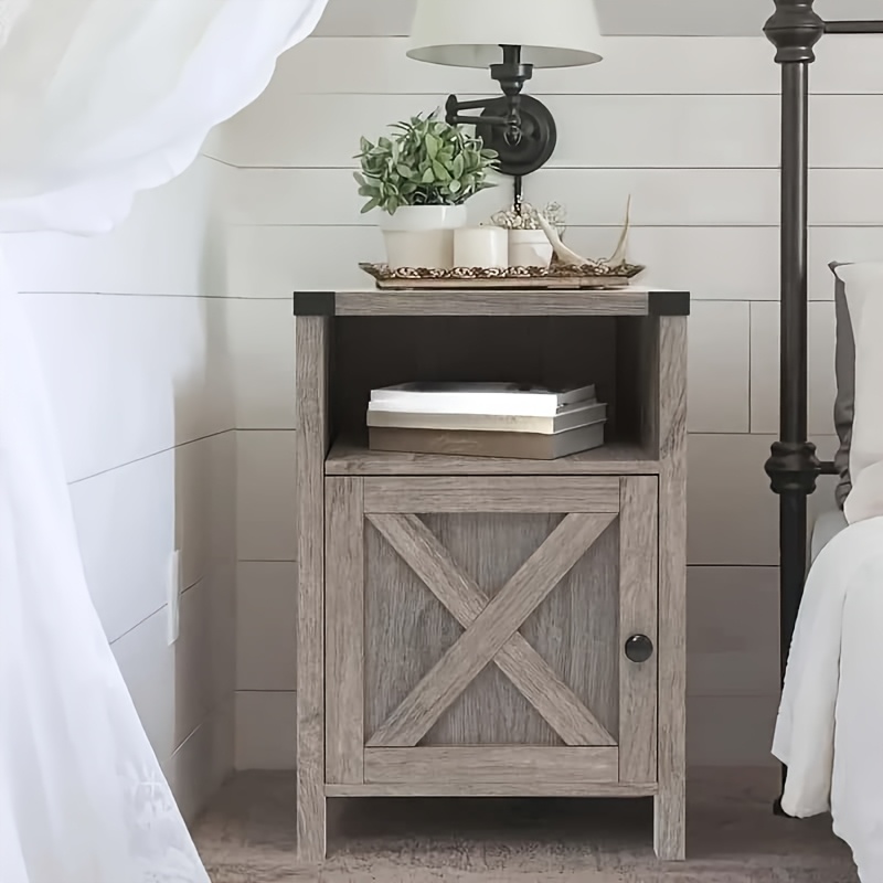 

Farmhouse Nightstand, Rustic End Table With Barn Door And Storage Shelf, Bedside Tables For Living Room Bedroom, 1 Piece