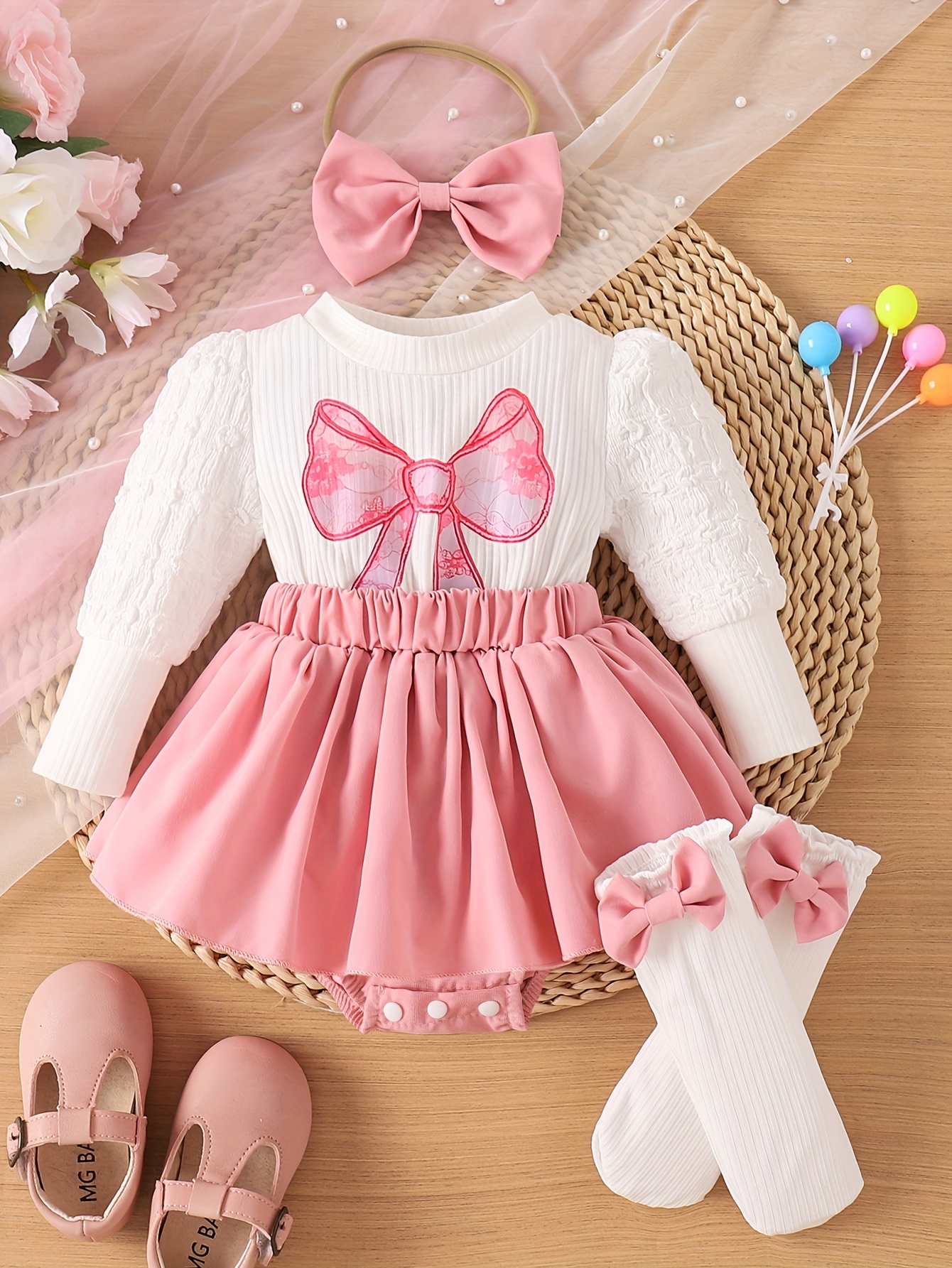 Winter Warme Lange Mouwen Jurk met Strikversiering en Bijpassende Strik Haarband & Sokken - Knusse Outfit, Wasmachinebestendige