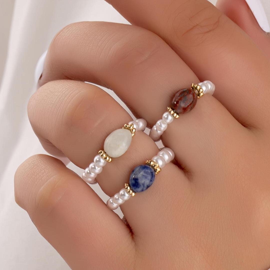 TEMU Juego de 3 piezas de joyería de moda para mujer, elegante juego de anillos de estilo francés con piedras sintéticas y cuentas, adecuado para uso
