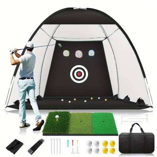 10x7ft all in practice net with foldable tri turf mat scoreboard portable indoor setup for backyard driving durable polyester fabric golf balls tees accessories gift for men black white golf training aid