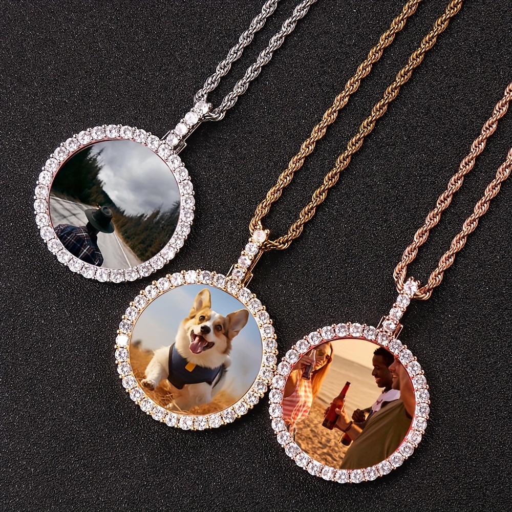 

Custom Photo Memory Pendant Necklace – Fashion Style Personalized Round Picture Locket - Plated With Synthetic Cubic Zirconia - Copper Material - Unisex Jewelry