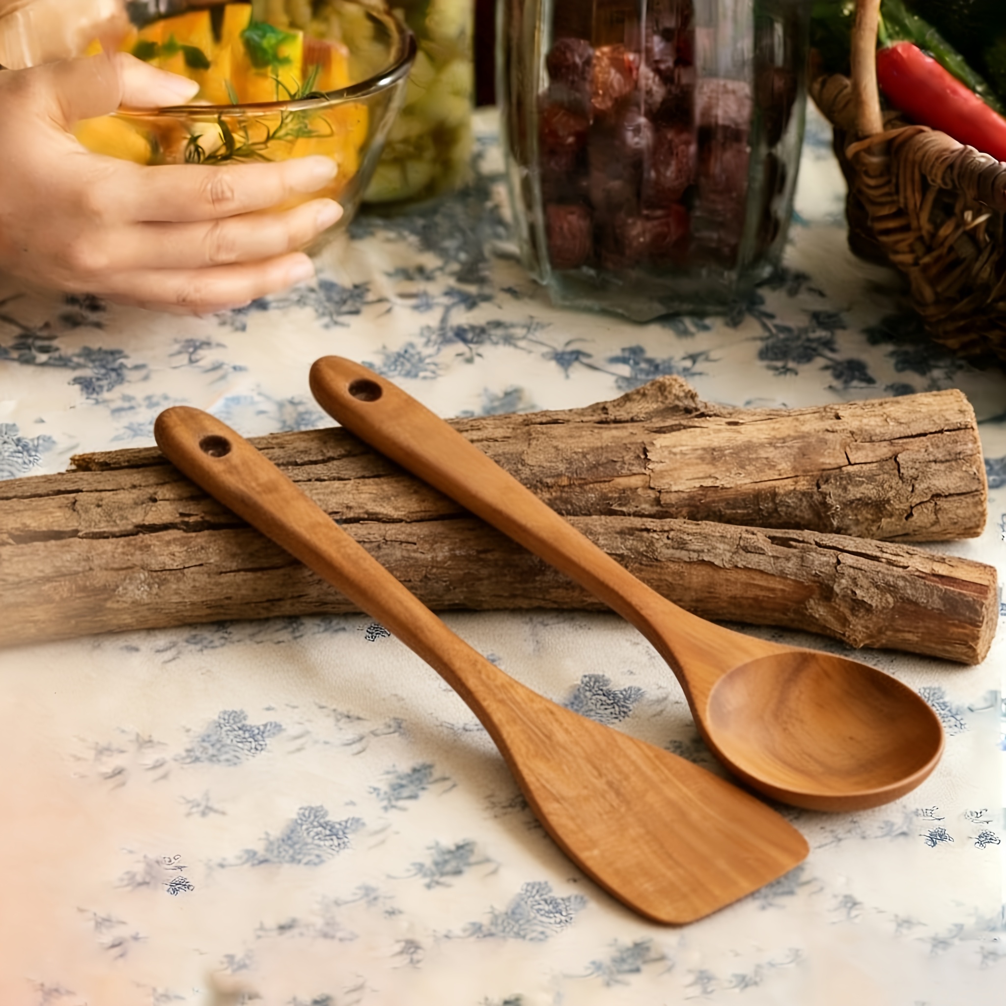 2/5pcs Natural Wooden Utensil Set - Kitchen Tools Spoon And Spatula - Perfect For Cooking And Serving On Mother's Day, Thanksgiving, Halloween, Easter, Christmas, Best For Christmas