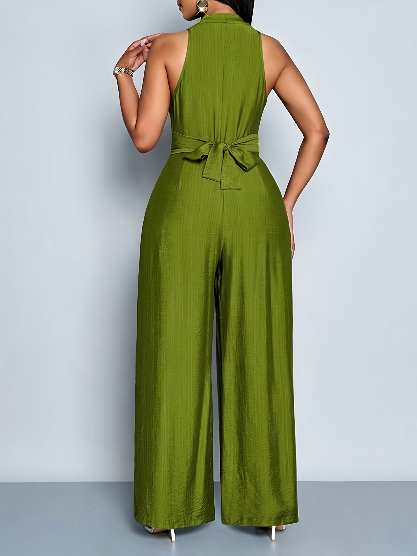 Women's Elegant Solid Color V-Neck Sleeveless Jumpsuit with Twisted Cinched Waist & Bow - Wide Leg H-Line Suit Pantsuit for, Commuting, Weddings - Machine Washable Spring/Autumn Attire (No)