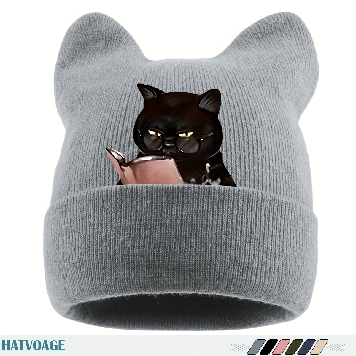 3 Pcs Winter Knit Cat Ear Beanie Hats Women Men Warm Casual Accessories Women Cat Ear Beanie Black Crochet Knitted Hat Warm Cute Y2K  main image 2
