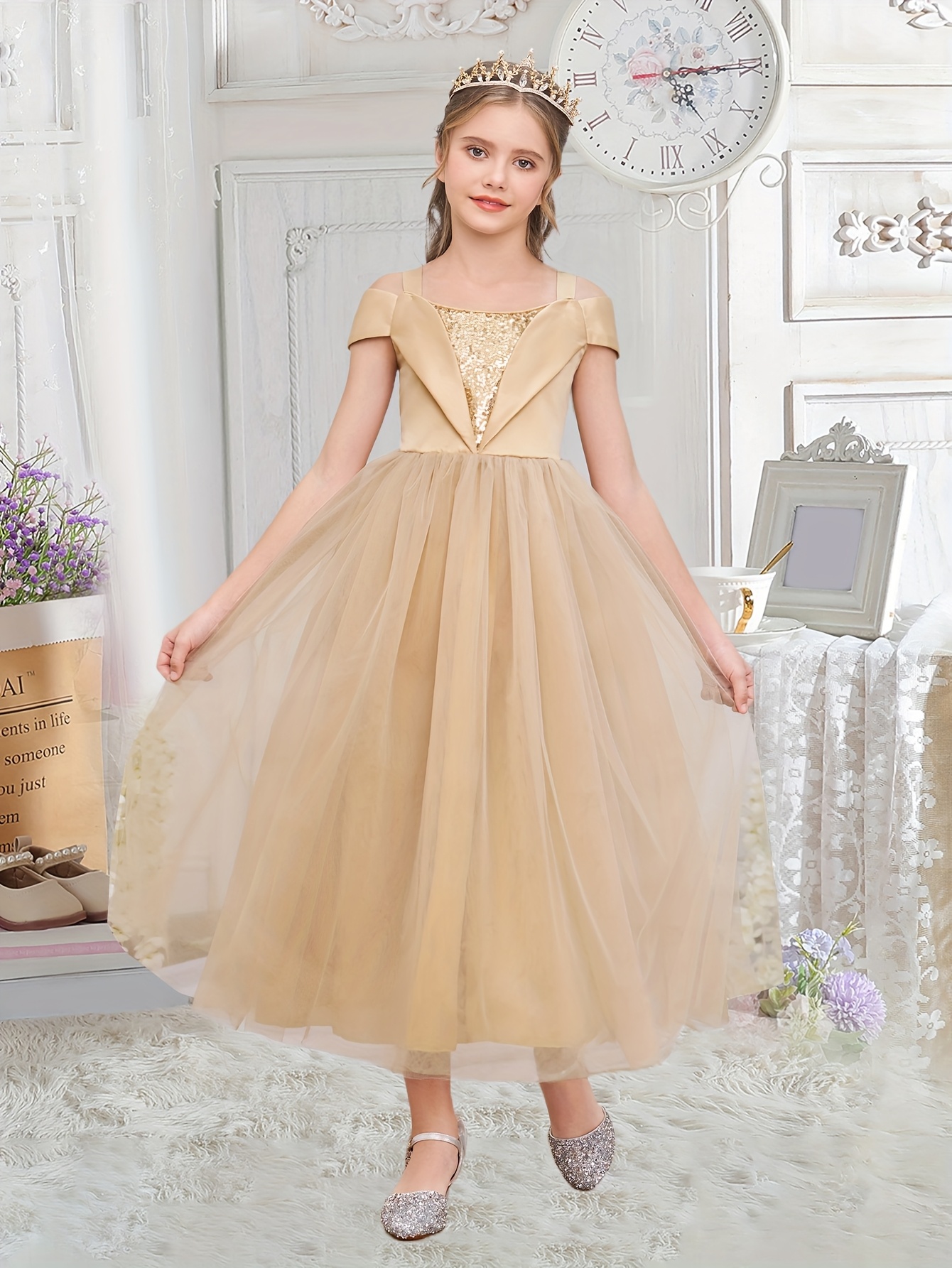 chinese dress ladies Elegant Baby Gold Patterned Sequin Party Dress Toddler Girls Pageant Dresses main image 0