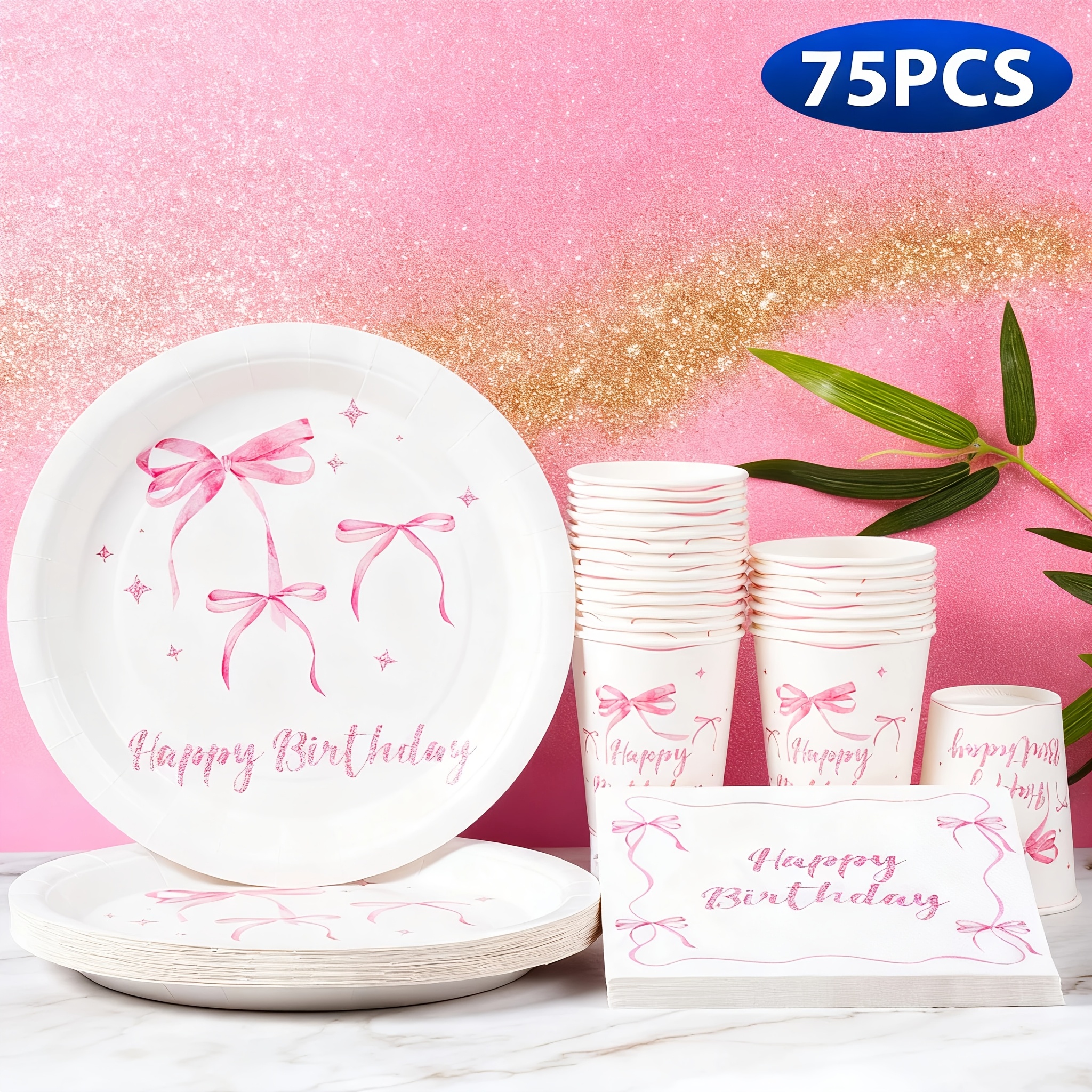 Image of 75pcs Bow Happy Birthday Design Disposable Party Tableware Set, 25pcs 9-inch Plates + Cups + Napkins, For 25 Guests, Disposable Paper Plates For Birthday, Wedding, Party, Holiday And Decorations