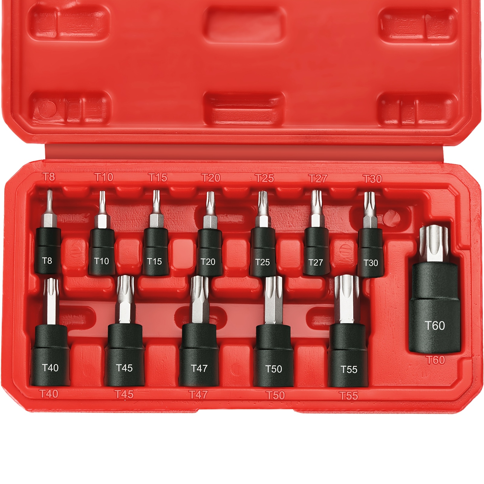 Image of Set Of 13 Star Bit Sockets Ranging From T8 To T60, Including 1/4, 3/8, And 1/2 Inch Sizes, Made From 50bv30 With S2 Bits, Complete With A Storage Case