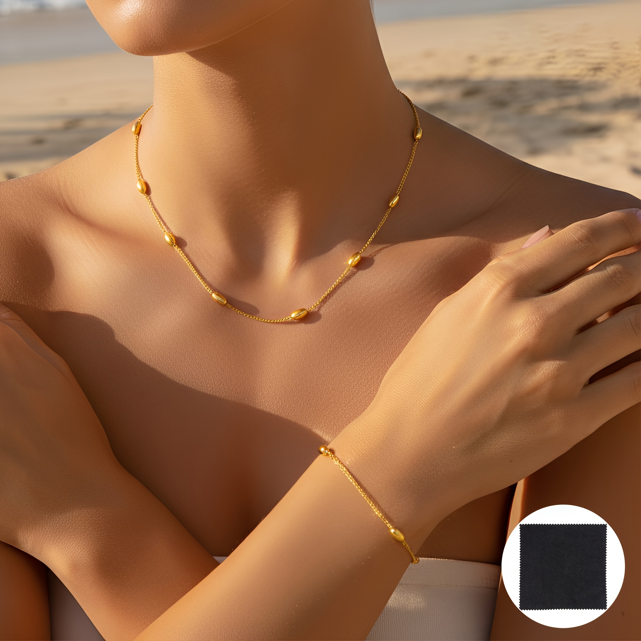TEMU 2pcs Stainless Steel Hypoallergenic Beaded Chain Necklace Bracelet Set (+1 Jewelry Cleaning Cloth), Anti-fade, Comfortable And Versatile, Easy