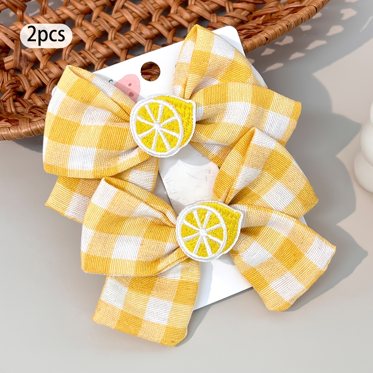 TEMU 2pcs Embroidered Lemon & Watermelon Hair Bow Clips For, Elegant Checkered Bowknot Barrettes For Daily Wear, Fashionable Hair Accessories