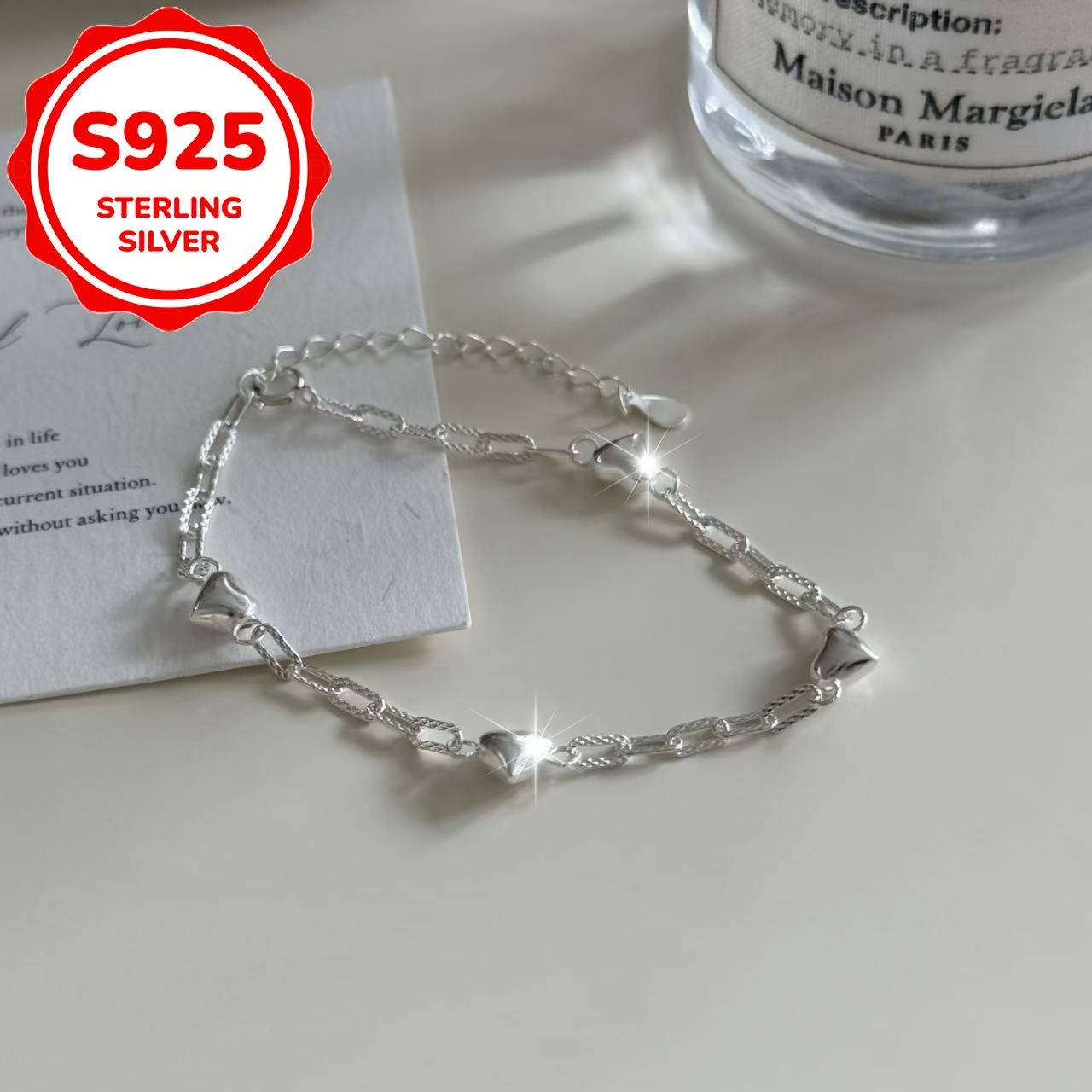 Women's S925 Pure Silver Glossy Heart Bracelet, Gift for Her