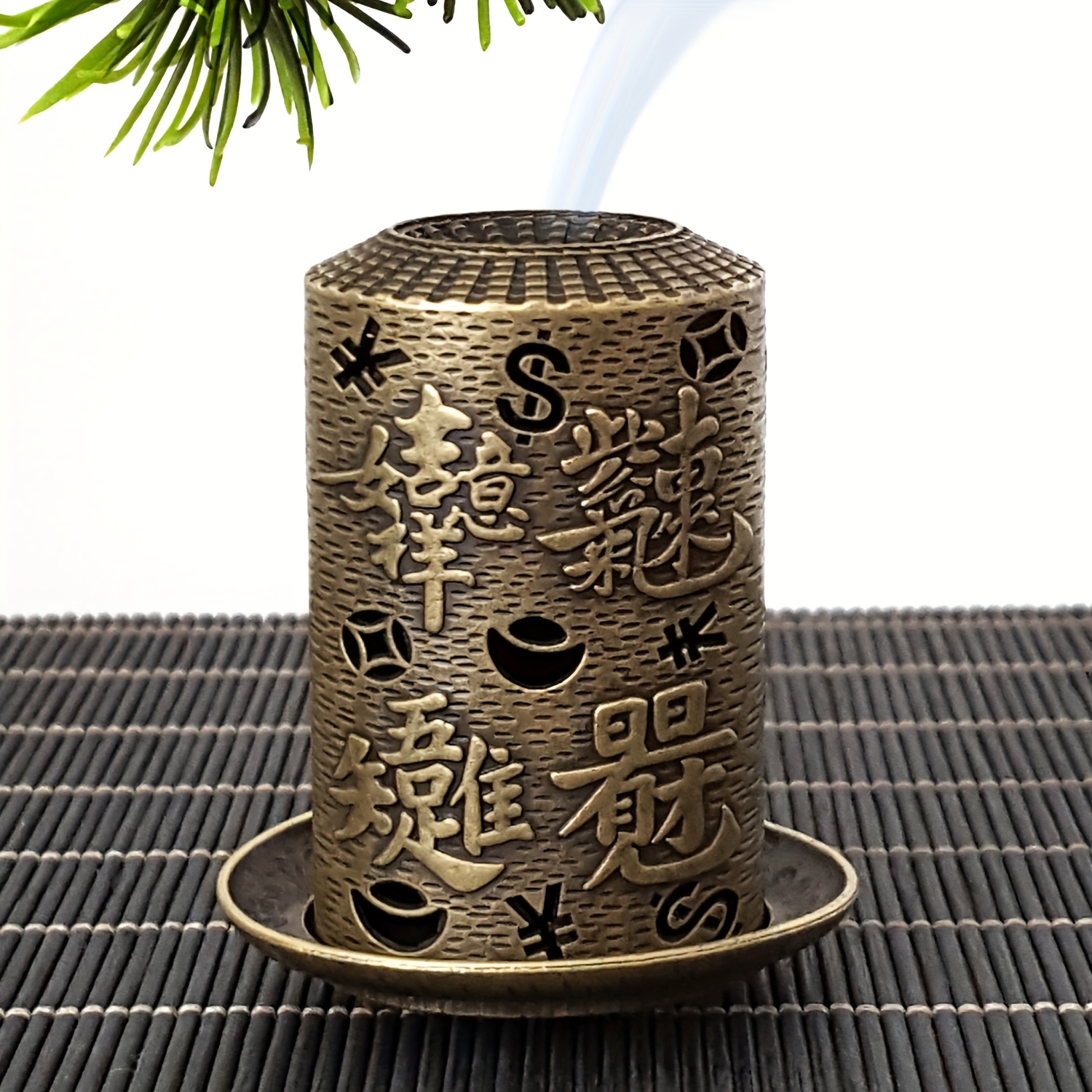 E-shop Shui Räuchergefäß, kupferfarbener mit chinesischen Kalligraphie-Schnitzereien, geeignet für Stäbchen/Kegel/Turm-Räucherwerk -