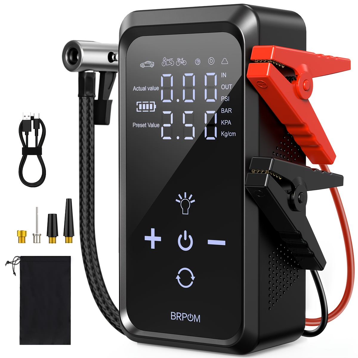 item picture Car Jump Starter with 150PSI Air Compressor, 8600A Portable Car Jump Starter for Gas Or Diesel Engine, with Dual Digital Display, LED Light, Touch Button, 12V Portable Car Jump Starter for Cars, Trucks, Motorcycles, Boats, Rvs, Tractors, Lawnmowers