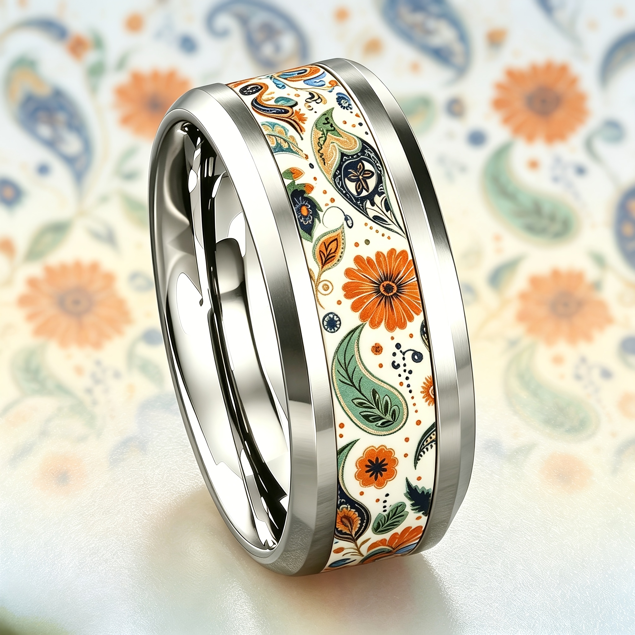 Vintage Paisley Daisy Plant 304L Stainless Steel Ring