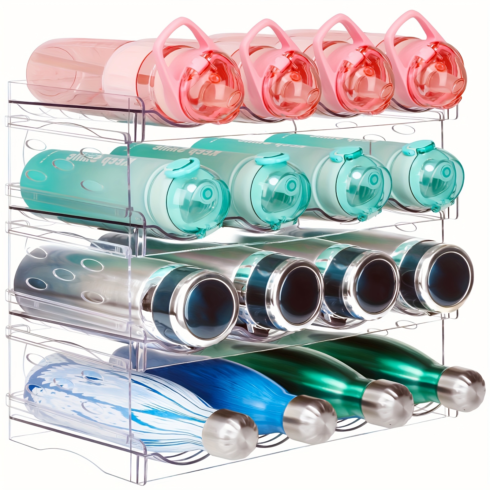 TEMU Stackable 4-tier Water Bottle Organizer, Large Compartments For Kitchen, Cabinet Bottle Holder, Space-saving Design For Cabinet, Bottle Rack For