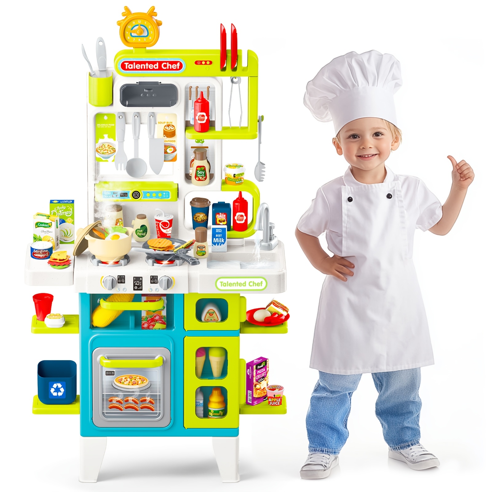 

Cute Kitchen Playset, Toddler Play Kitchen With Manual Faucet Sink, Cooking Stove With , Sound, And Light, Includes Play Kitchen Accessories, Pretend Toy Kitchen Set For Kids, 40" H