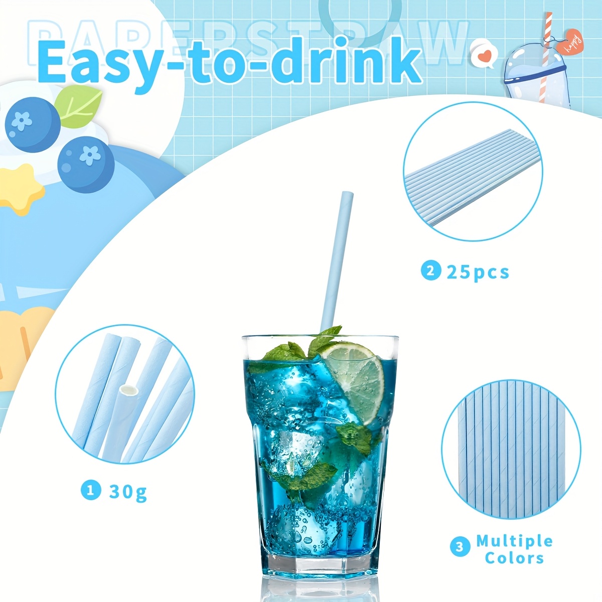 25 Light Blue Paper Straws, Size 6x197, Perfect For Birthday Parties, Dessert Decorations, Singles Party, Bar Gatherings, Milk Tea, Coffee, Juice, Coconut Water, And Teas