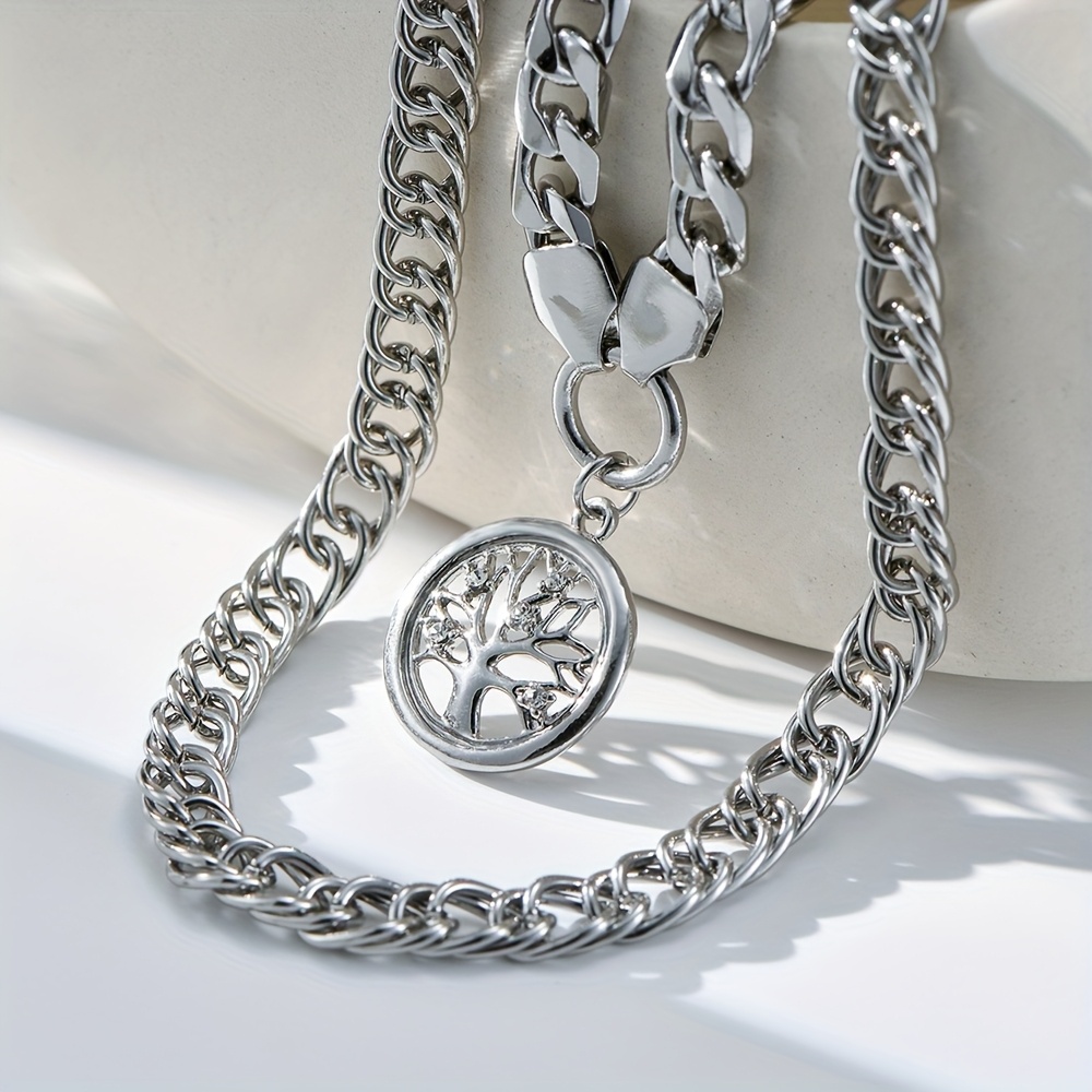 Life Tree Pendant Necklace Cuban Link Chain Chunky Statement Accessories