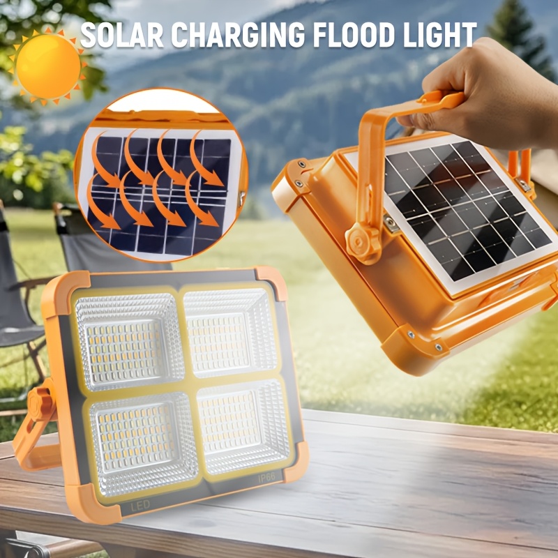 TEMU Portable Solar Camping Light With Handle, 3000mah Rechargeable Magnetic Work Light With 4 Lighting , Ip66 Waterproof Led Wireless Flood Light,