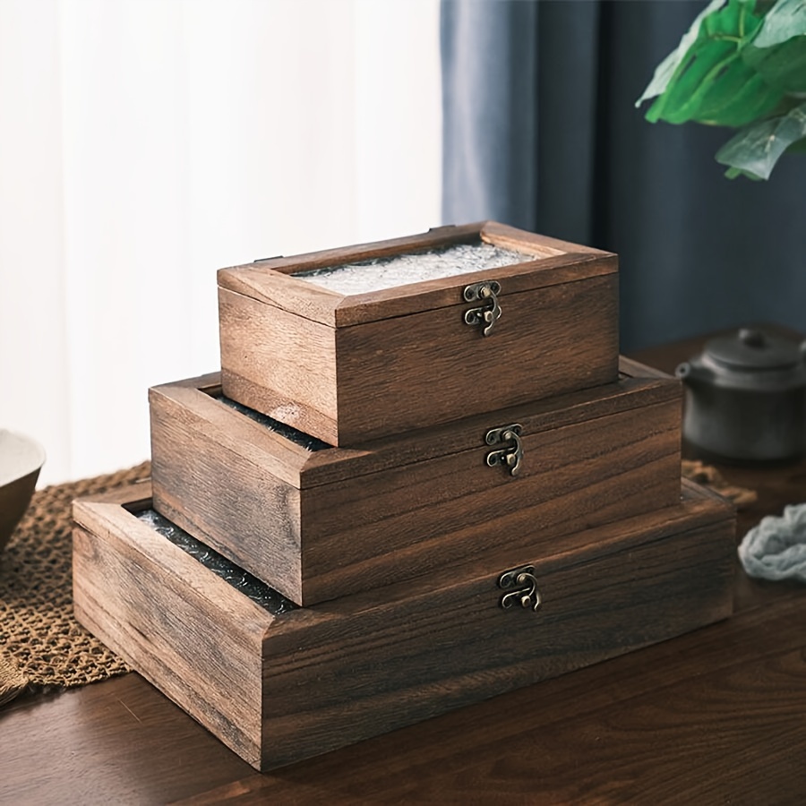 

Rustic Wooden Storage Box With Lid, Vintage Cedar Jewelry Organizer With Glass Top, Home Kitchen Decor, Dust-proof Wooden Chest For Accessories, Storage Bins For , Baskets, Bins & Containers For