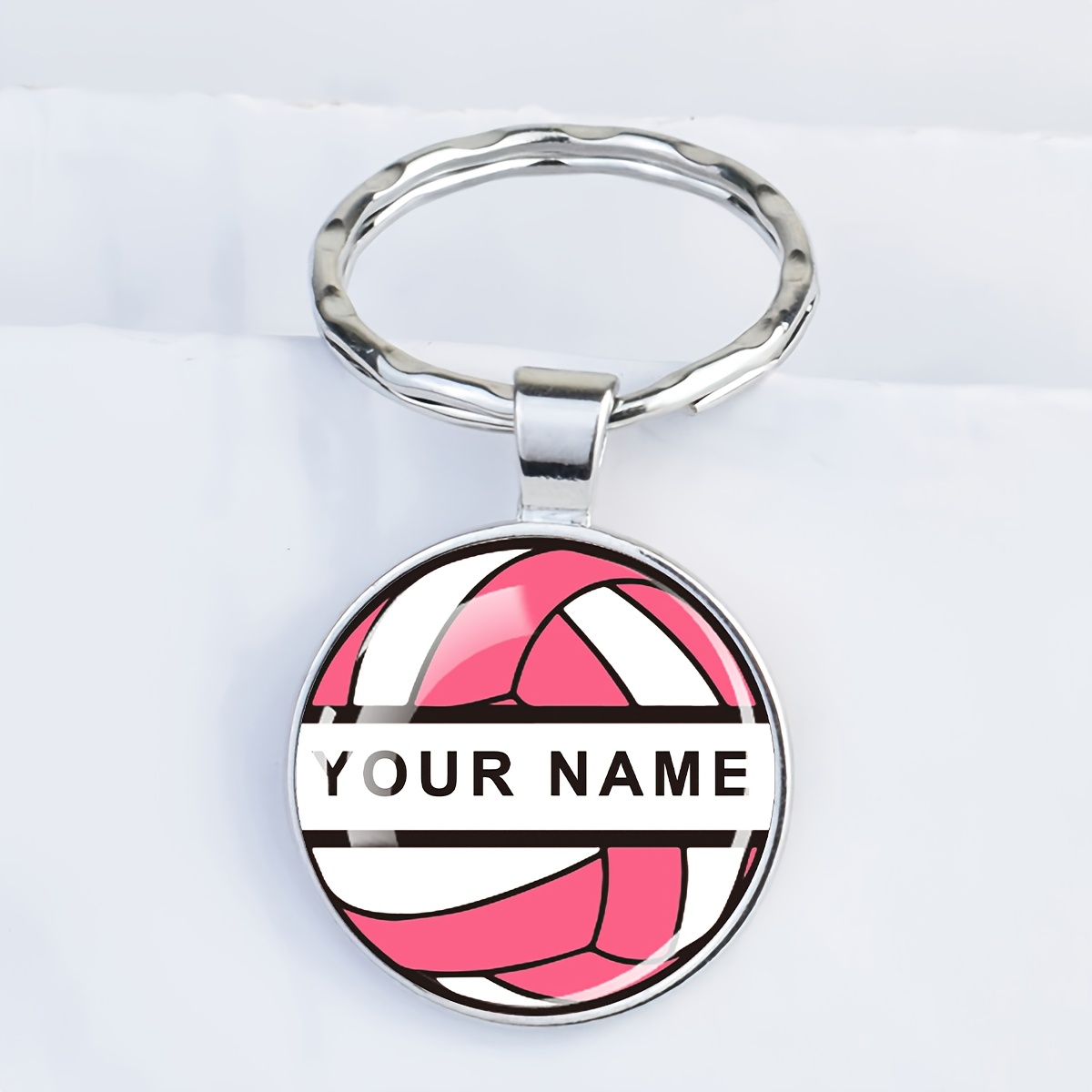 TEMU [customized] 1pc Custom Name Volleyball Keychain Personalized Customized Name Text Multicolor Volleyball Glass Dome Pendant Key Chain Sports