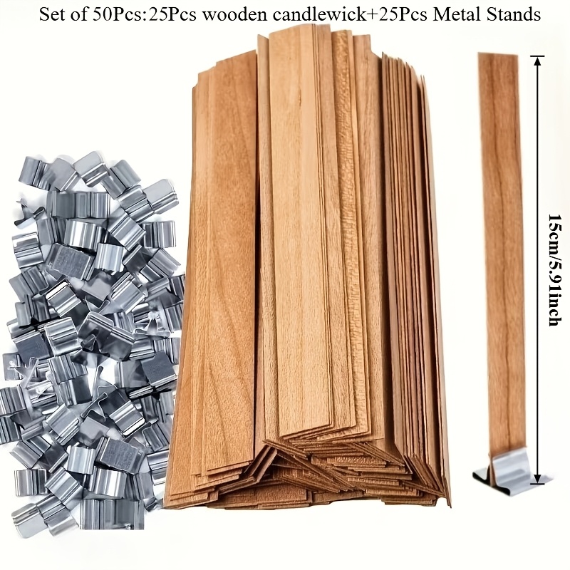 TEMU Juego de 50 piezas para hacer velas de madera natural, de madera más largas y anchas para velas, y bases de metal, de madera para velas y