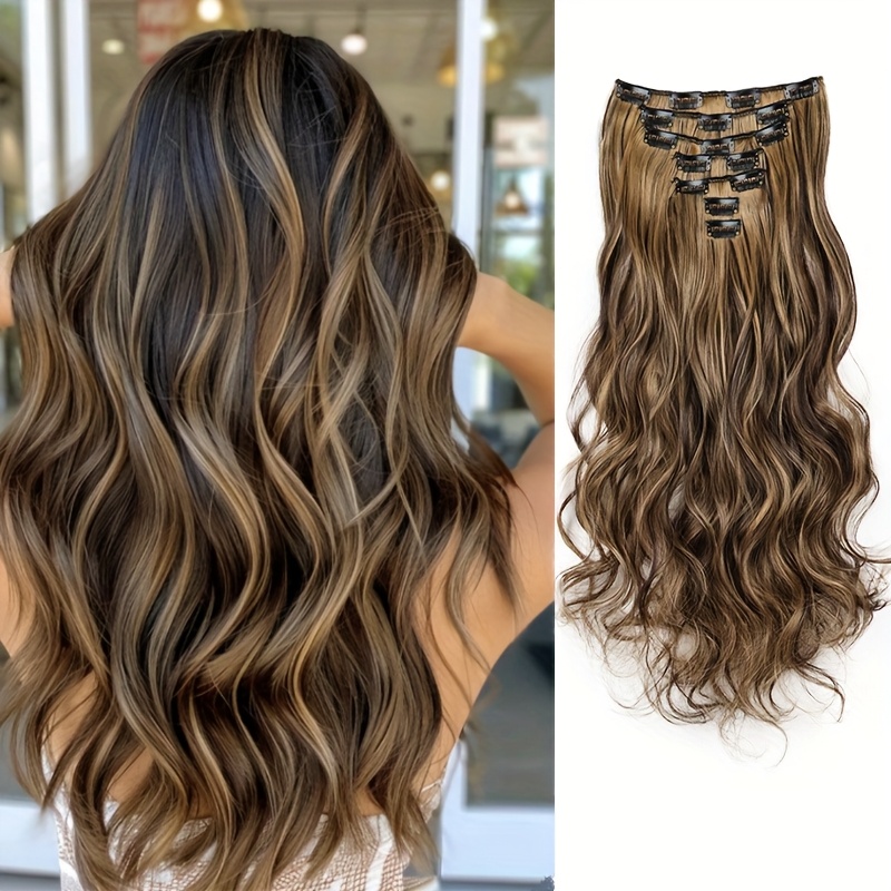 TEMU Extensión de Cabello Sintético Elegante para Mujeres - 16 Clips, Pelo Largo Ondulado y para Aumentar el Volumen y Estilizar