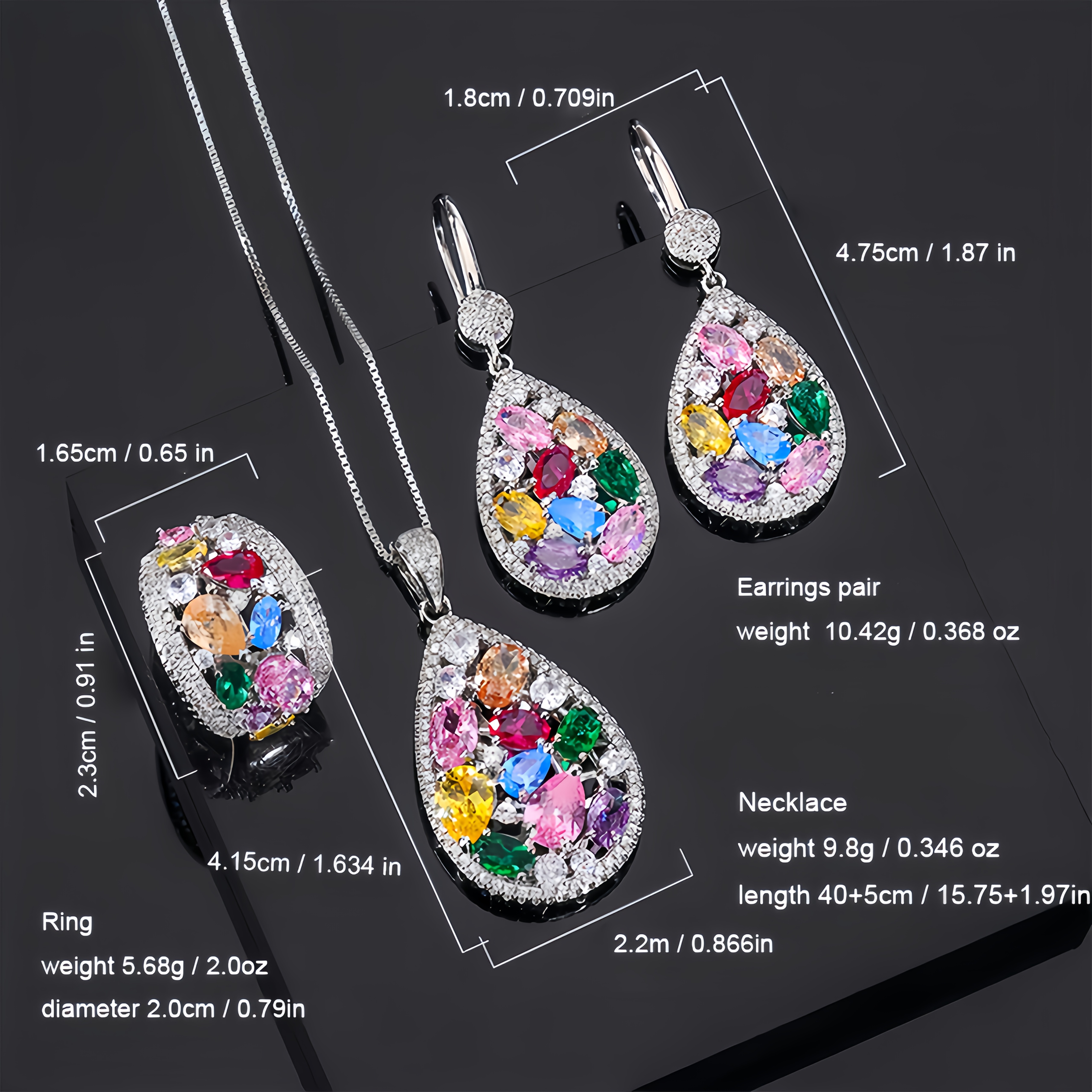 Rainbow Teardrop Pendant Necklace Set