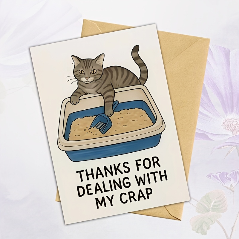 1pc with Envelope, Funny Litter Box Cat Thank You Card, Humorous Poop Scooper Mess Cleanup Gratitude Card, Cute Tabby Cat Heartfelt Gift Card for Cat Owners And Moms