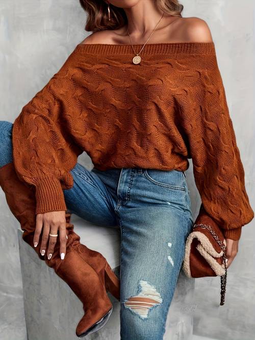 womens off shoulder batwing sleeve textured sweater soft pullover solid color versatile top for layering sweater layering piece