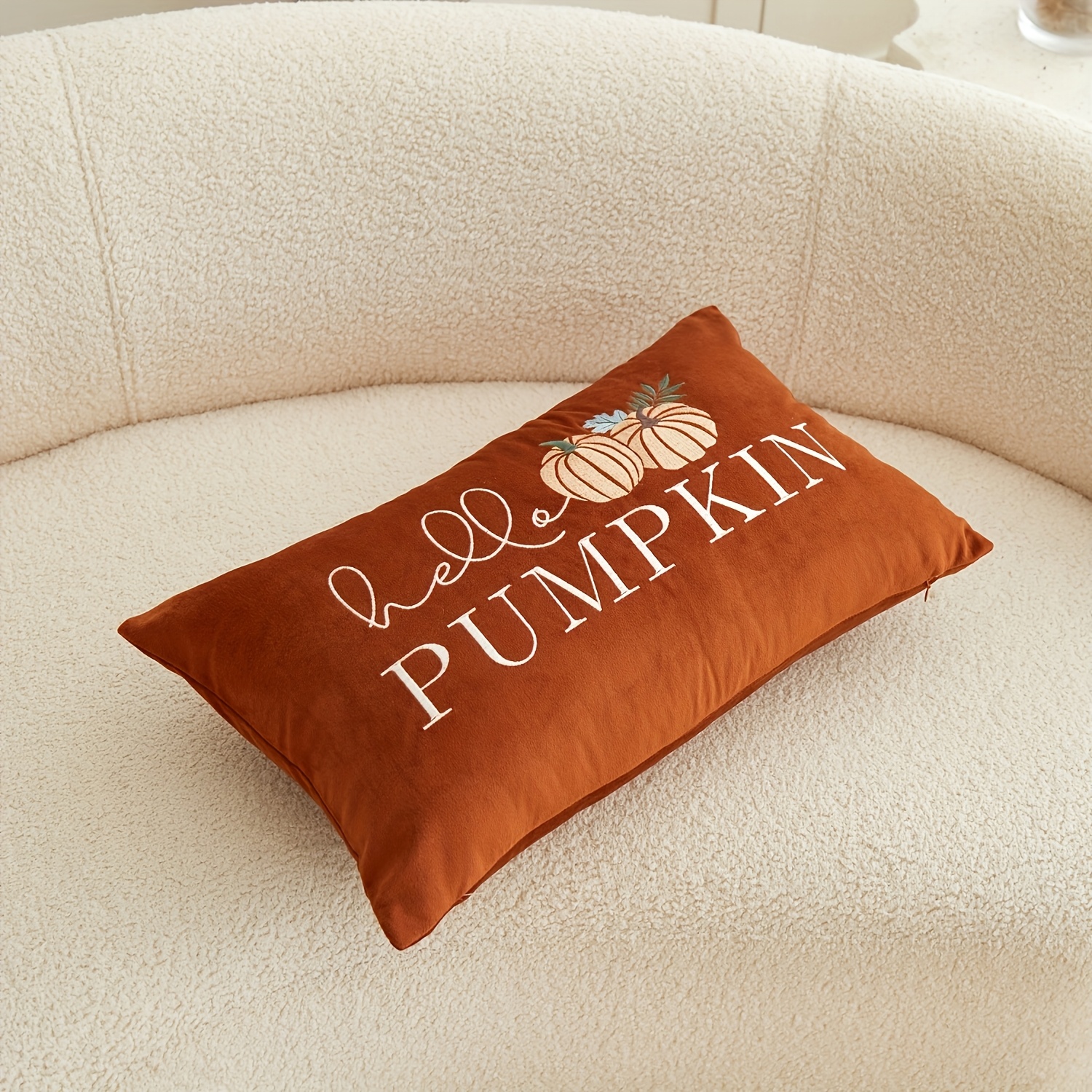 TEMU 1pc, Thanksgiving Velvet Pillowcase, Harvest Hello Pumpkin Letters Throw Pillow Covers, Double Side Embroidery, 49.78 X 29.97cm, Suitable For