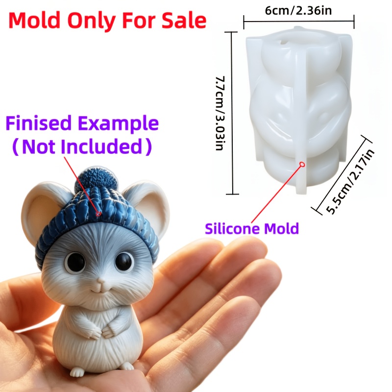 TEMU Molde de silicona de resina 3D para manualidades DIY - Adorable ratón con sombrero, no para velas, adornos de yeso y resina epoxi, moldes de