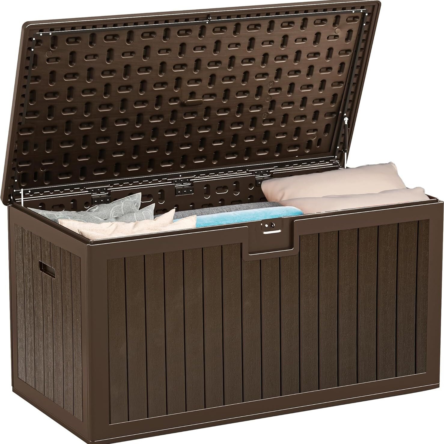 Image of 567. 8l Large Outdoor Garden Storage Box, Heavy- Duty Resin Deck Box With Lockable Lid, All- Weather Patio Storage Bench For Furniture Cushions, Pool & Garden Tools