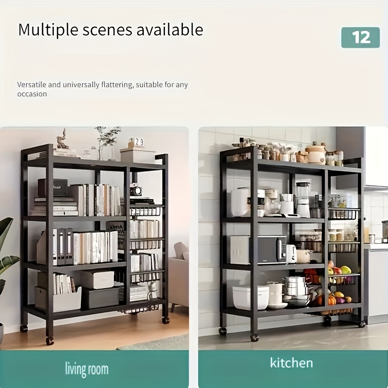 Kitchen Storage Shelf with Mesh Baskets, Metal Frame Serving Cart with Wheels, Rolling Baker's Rack with Adjustable Shelves, for Kitchen Bathroom Living Room Office